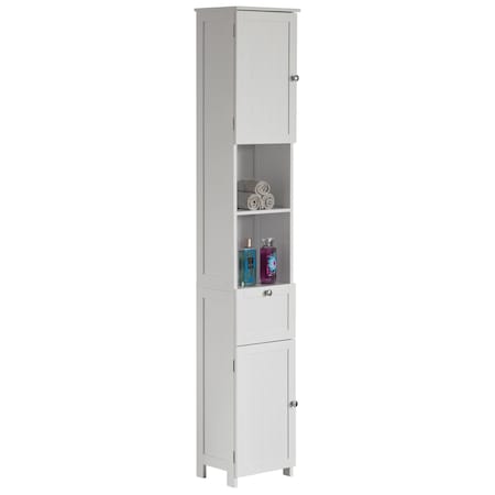 Basicwise White Tall Standing Bathroom Linen Tower Storage Cabinet for Bathroom and Vanity QI004021.WT